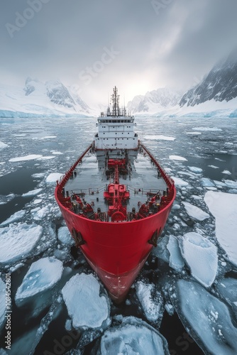 Red research vessel navigating icy waters in Antarctica under a cloudy sky