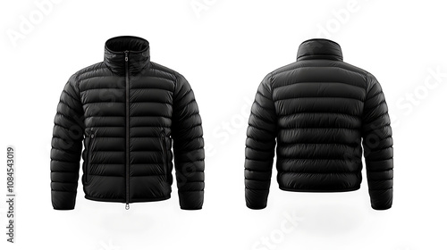 A mockup template of a black down jacket with a zipper, shown in both front and back views, isolated on a white background, suitable for winter sport jacket designs