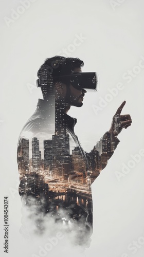 A man experiences virtual reality amidst a glowing city skyline in an urban s...