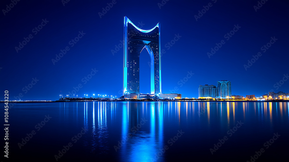 Naklejka premium A night view of the Kingdom of Saudi Arabia showcases the Kingdom Tower and Riyadh's skyline, emphasizing the country's modernity