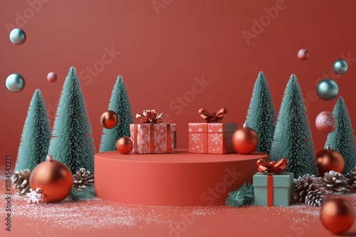 Cozy festive display with red and green decorations, trees, and gifts