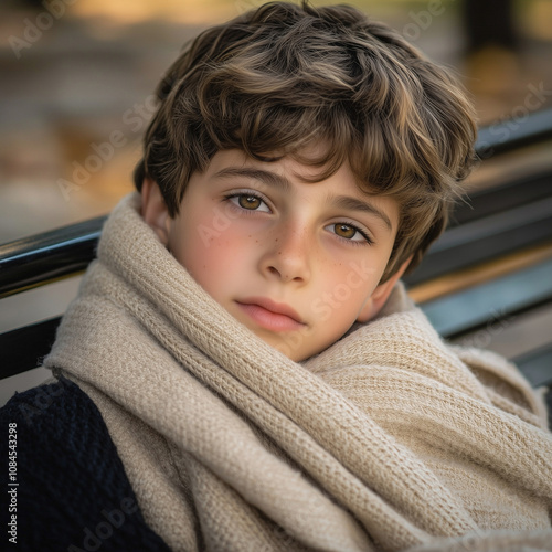 A young boy in a cozy scarf sits on a park bench in an outdoor setting