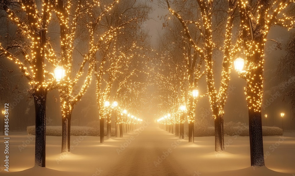 A path of lights is lit up in the snow A path of lights is lit up in the snow