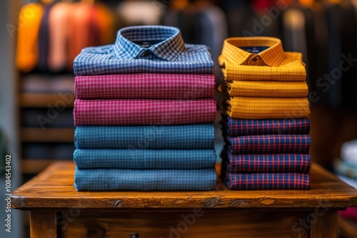 Stacked folded shirts in various patterns displayed on a wooden table in a re...