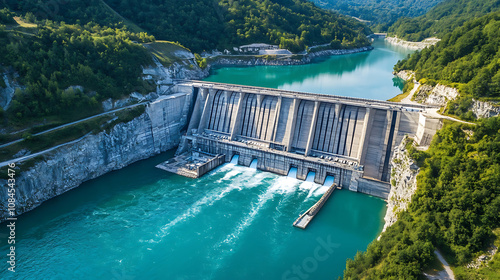 Aerial view of a Swiss mountain hydroelectricity reservoir dam generating renewable energy and contributing to the reduction of global warming during summer, showcasing decarbonization efforts