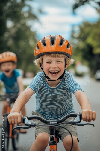Two young boys riding bicycles on a sunny day in a park, enjoying their playf...