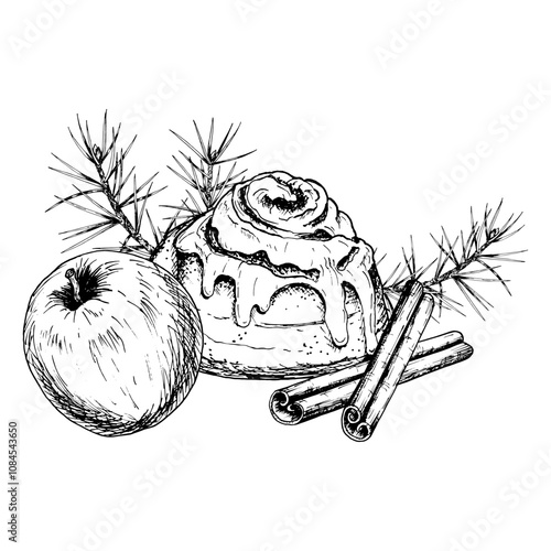 Hand drawn vector illustration of a cinnamon roll with icing, cinnamon sticks, apple and pine branches. A cozy, festive composition perfect for Christmas projects and holiday themed designs.