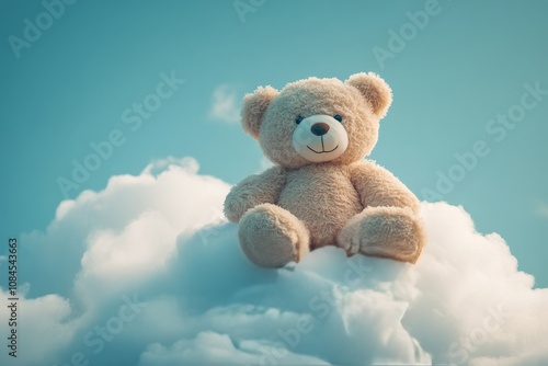 A plush bear sits contently on a fluffy cloud against a bright blue sky in da...