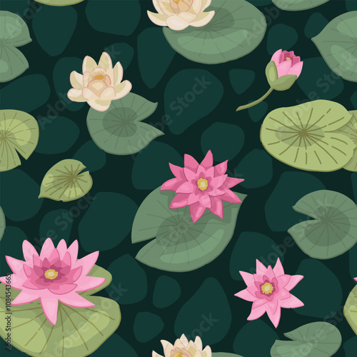 Abstract water lily seamless pattern. Floral ornament with lotus flowers. Vector botanical design.