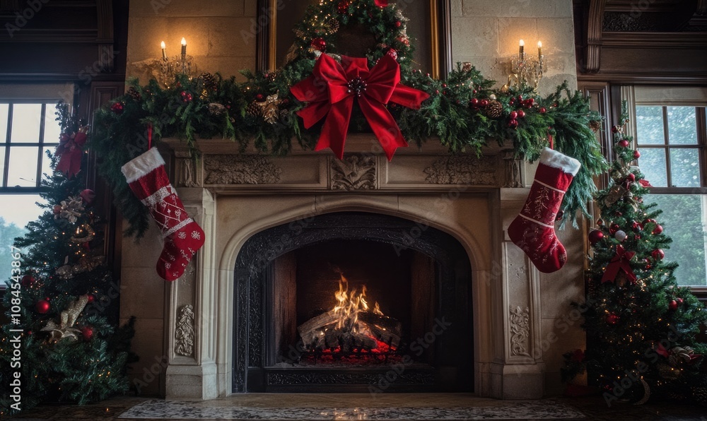 A fireplace with a red bow on it A fireplace with a red bow on it