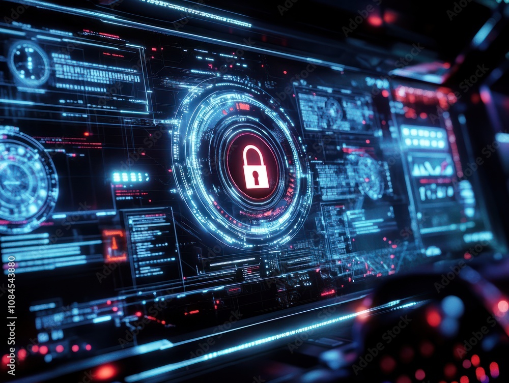 Fototapeta premium dashboard, security, technology, network, futuristic, interface, innovation, future, control, smart. digital padlock icon, cyber security network and data protection technology on dashboard HUD.