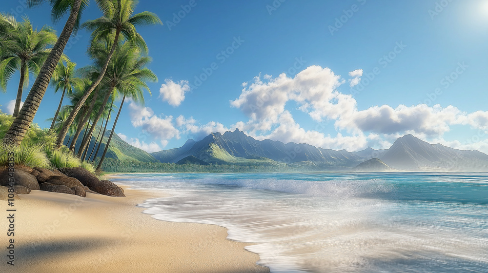 Tropical beach with palm trees, white sand and mountains in background Tropical beach with palm trees, white sand and mountains in background