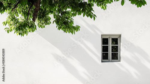 Green tree branches hanging over white wall with window