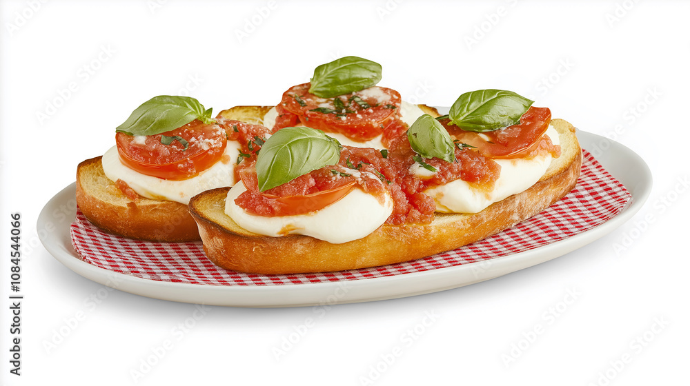 Delicious italian bruschetta with tomatoes, mozzarella, and basil resting on checkered napkin Delicious italian bruschetta with tomatoes, mozzarella, and basil resting on checkered napkin