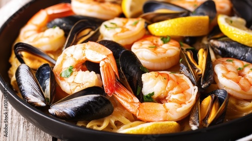 A delicious seafood dish featuring shrimp, mussels, and lemon slices.