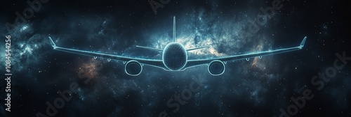 A futuristic airplane composed of light travels through the galaxy against a ...