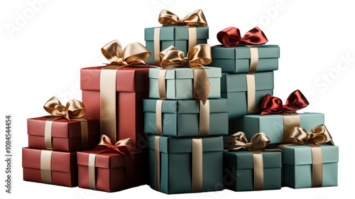 Vibrant stack of green and red Christmas gift boxes, adding festive cheer to holiday scenes, isolated on transparent background. photo