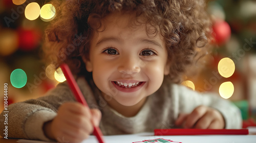 Smiling child drawing christmas cards near christmas tree with lights