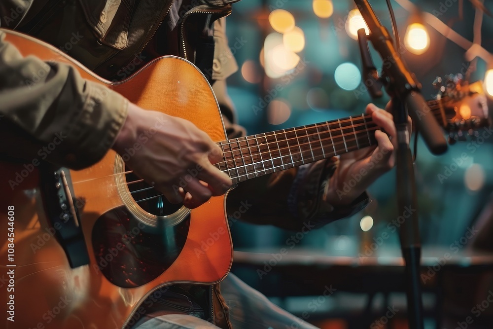 Naklejka premium Cafe Open Mic: Guitarist in the Spotlight