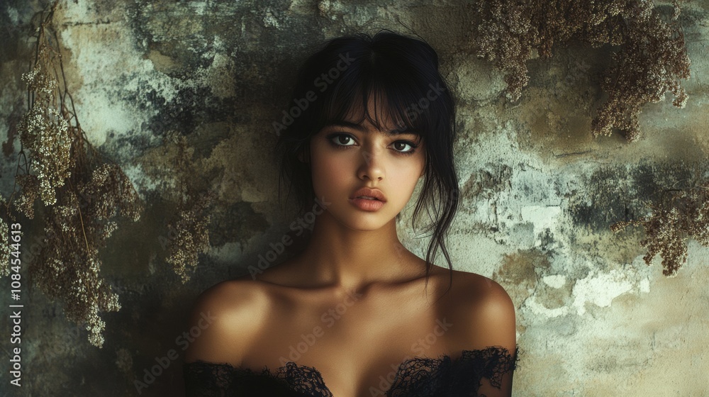 Young woman in lace against a textured wall, surrounded by dried flowers, AI Young woman in lace against a textured wall, surrounded by dried flowers, AI
