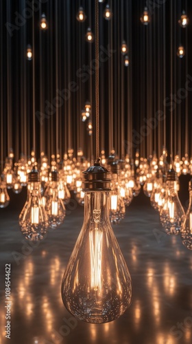 Art installation featuring multiple hanging light bulbs in a darkened room se...
