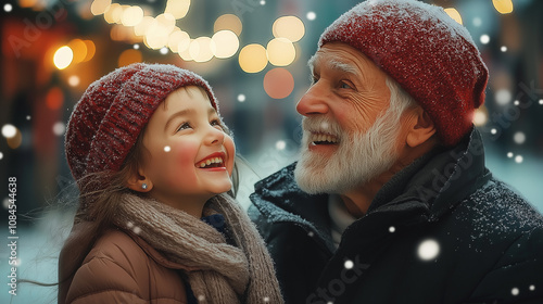 Happy grandfather and granddaughter enjoying christmas time together under th...