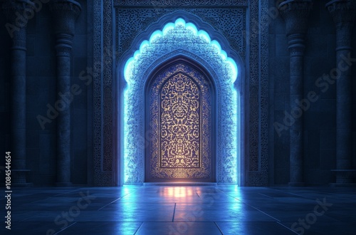 A serene interior with glowing arches and intricate patterns in a tranquil se...