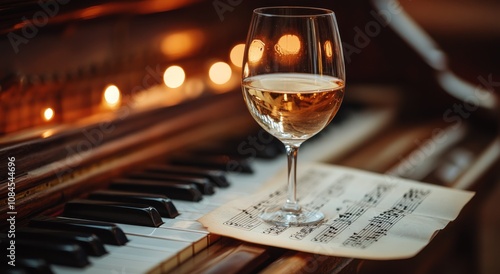 A glass of red wine rests on sheet music atop a vintage piano in a warm, invi...