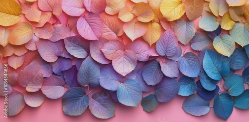 Colorful leaves arranged on a pink background showcasing autumn aesthetics an...