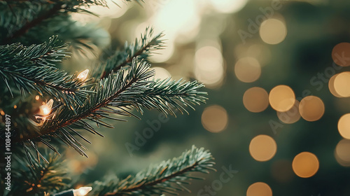Christmas lights illuminating pine branches, creating festive bokeh background