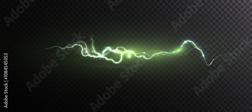Bright glow of green lightning. Realistic effect of bright electric discharge of blue lightning. Vector 10 EPS
