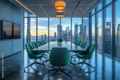 Modern conference room with panoramic city view during sunset in urban office...