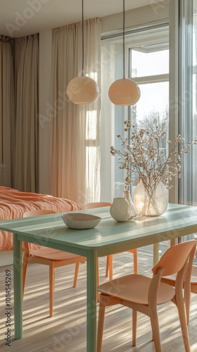 Cozy and modern dining area with natural light and stylish furniture in a bri...