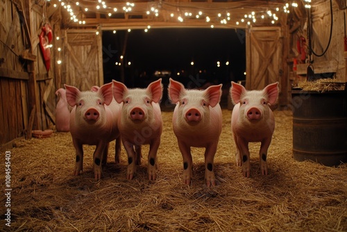 Four pigs standing together in a rustic barn with warm string lights at night