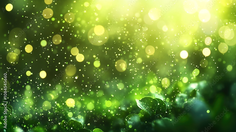 Obraz premium Glittering light green particles stage with bokeh effect 