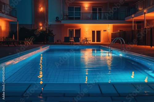 a modern swimming pool of an apartment building, with ambient lighting