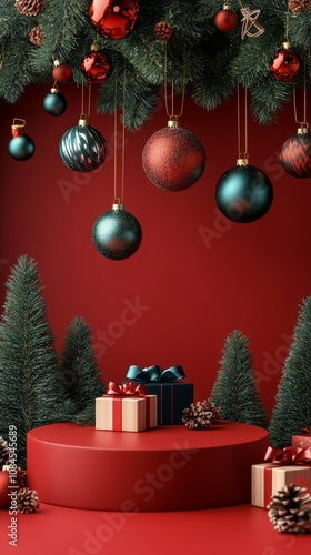 Beautifully decorated Christmas display with ornaments and gifts against a re...