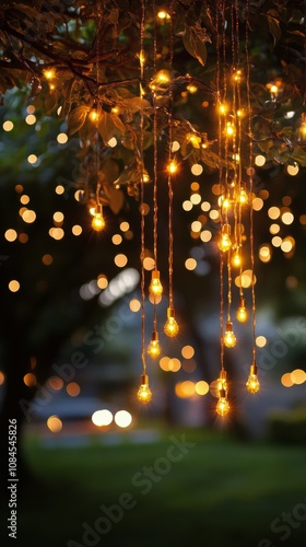 Twinkling fairy lights hanging from tree branches during twilight in a serene...