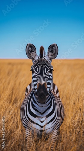 A zebra standing in tall grass under a clear blue sky during the day in a nat...