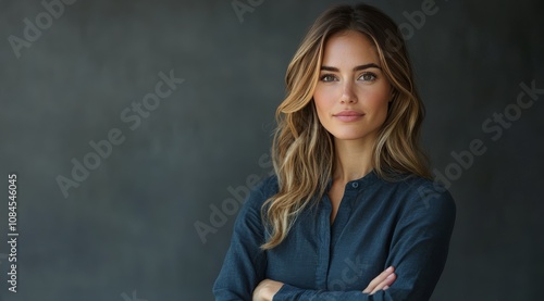 Young woman with long hair smiling confidently in a studio setting during day...
