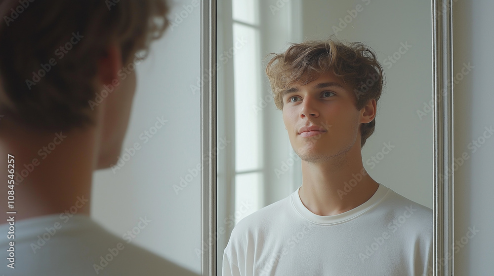 A young man looking at himself in a mirror. He's light-skinned with light brown hair A young man looking at himself in a mirror. He's light-skinned with light brown hair