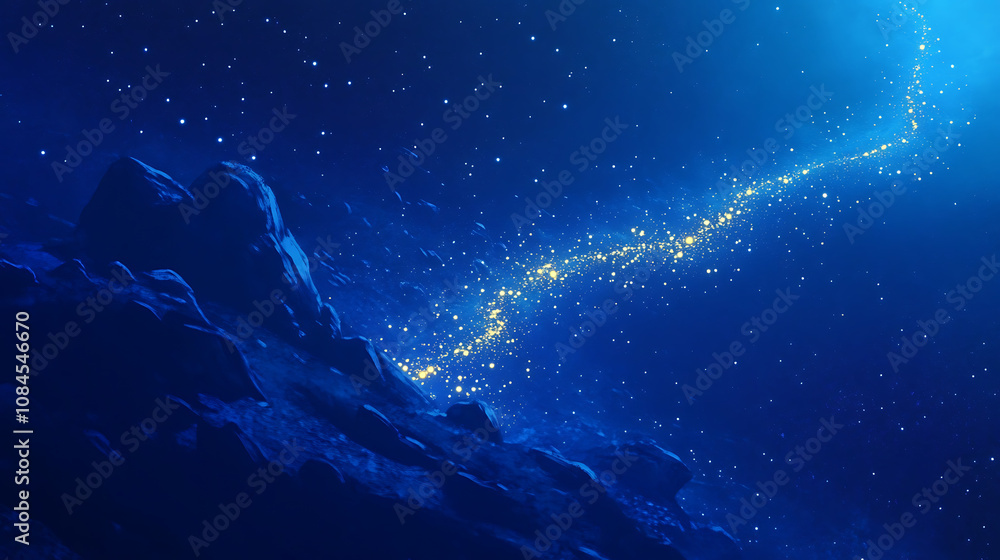A blue background with a starry trail of light, creating an enchanting and magical atmosphere A blue background with a starry trail of light, creating an enchanting and magical atmosphere