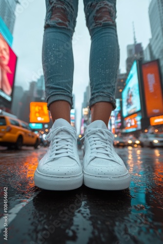 A person wears white sneakers while standing on a busy New York City street d...