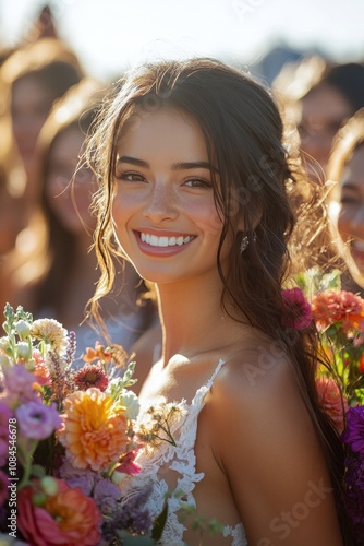 A joyful bride surrounded by her bridesmaids holds a vibrant bouquet at sunse...