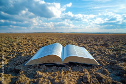 Open book on dry earth under expansive sky with clouds during the day in a ru...