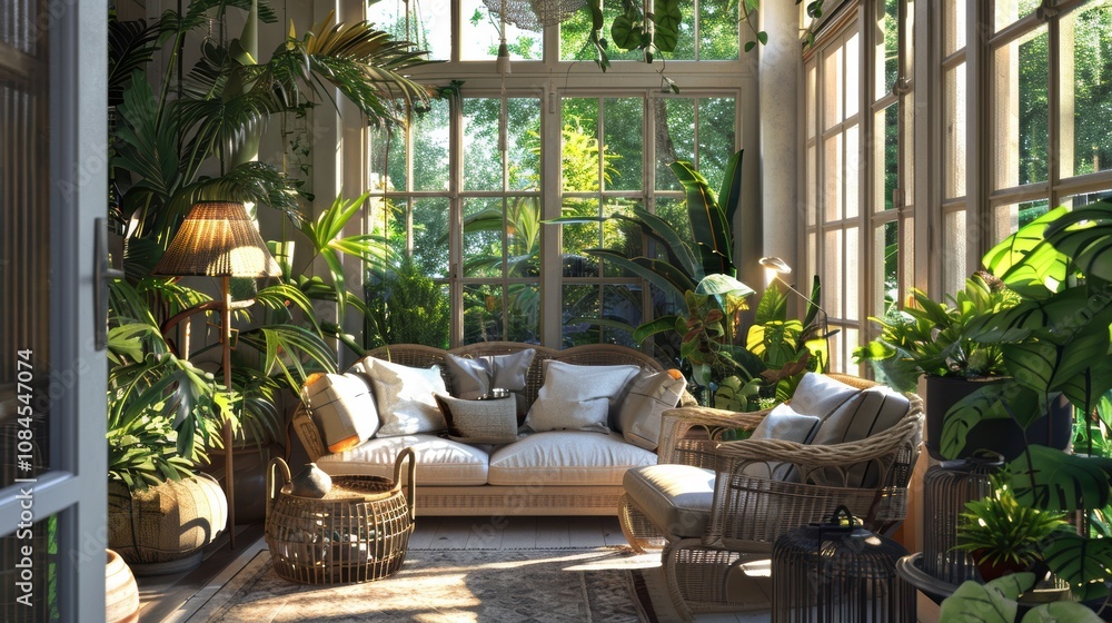Cozy Sunroom with Lush Plants and Comfortable Seating for Relaxation and Serenity Cozy Sunroom with Lush Plants and Comfortable Seating for Relaxation and Serenity