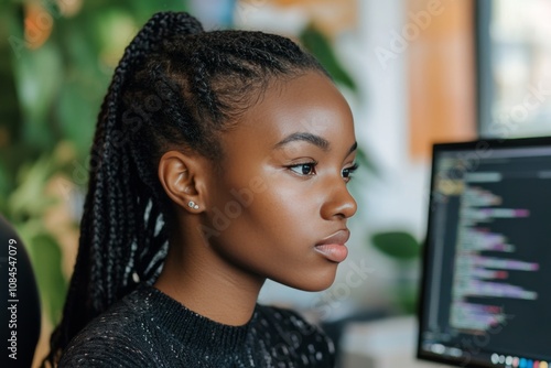 Young woman focused on coding at a computer in a vibrant city at night