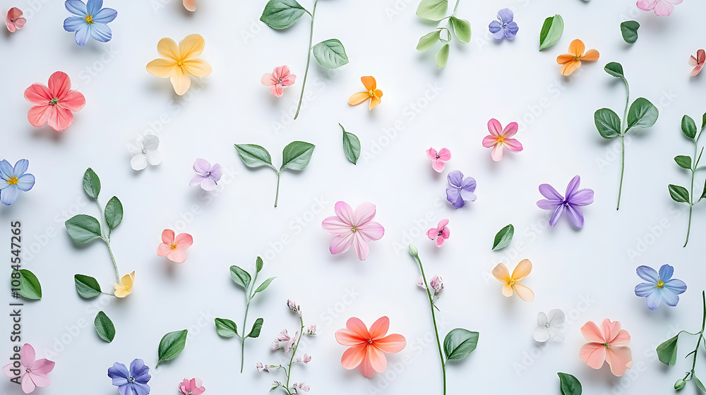 Fototapeta premium Colorful pastel cute tiny spring flowers and leaves pattern, white background, cute pastel colors