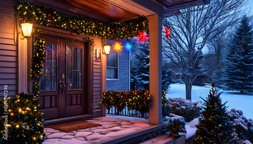 Beautifully decorated front porch with Christmas lights and festive wreaths in a snowy winter setting