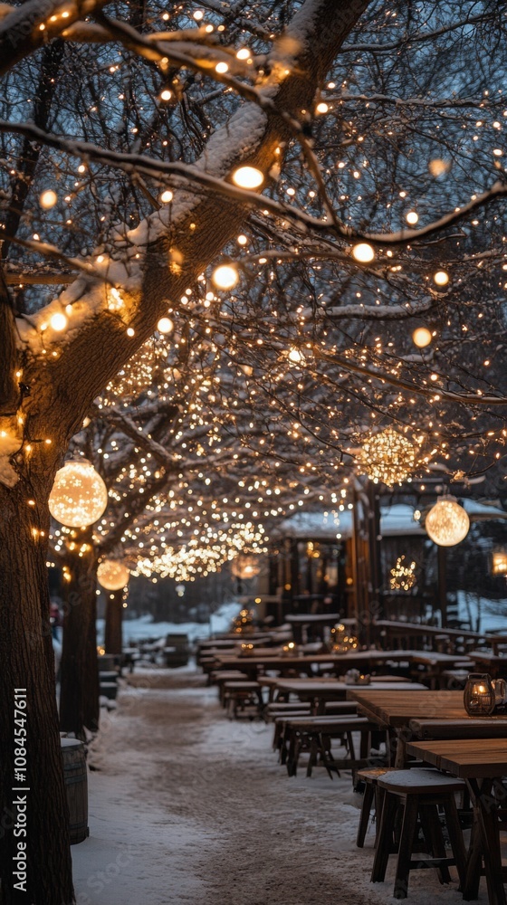 Obraz premium Twinkling fairy lights hanging from tree branches during twilight in a serene park setting